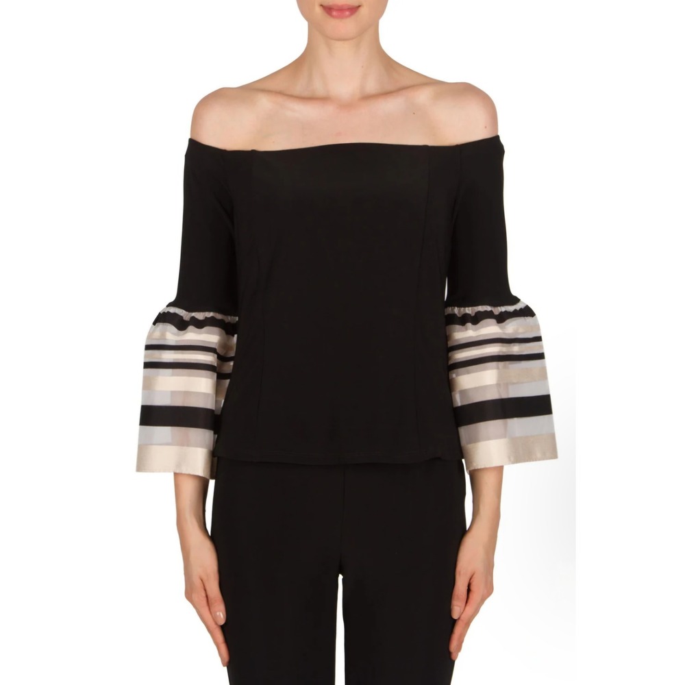 Joseph Ribkoff Black Bell Sleeve Top Striped Statement Sleeve Size 6